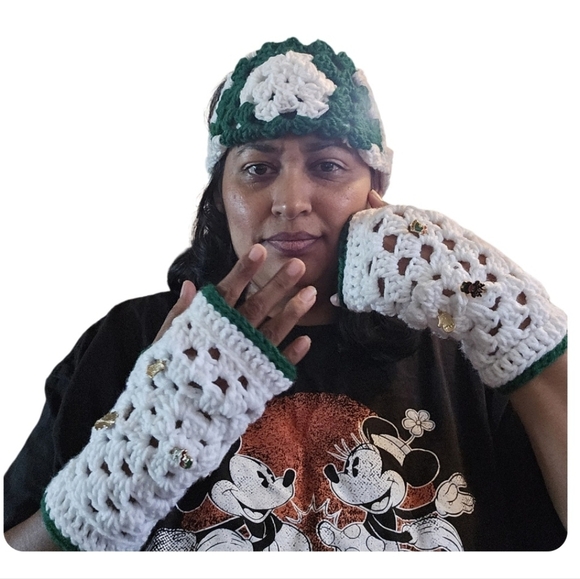 Hand Crafted 3pc Set Fingerless gloves headband white granny square Retro gloves - Picture 7 of 17